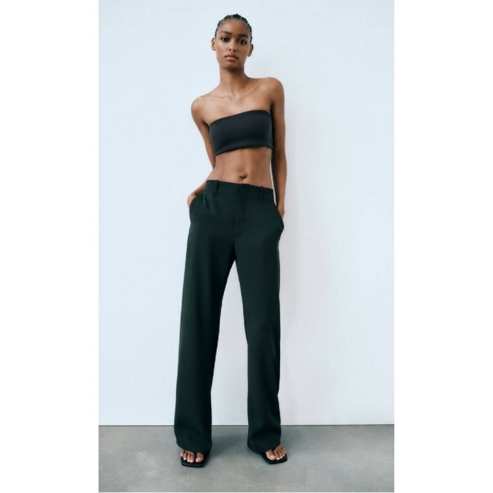 NEW Zara Wide Barrel Leg Wool Blend Trouser Size XL Dark Forest Green High Rise